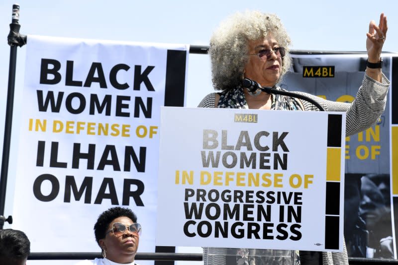 Angela Davis makes remarks during a rally to support Rep. Ilhan Omar on the Washington Mall on April 30, 2019. The activist turns 80 on January 26. File Photo by Mike Theiler/UPI