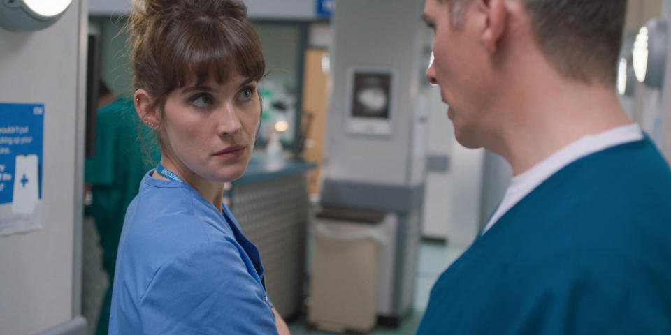 Casualty nurse Jodie Whyte does not look happy to see Max Cristie.