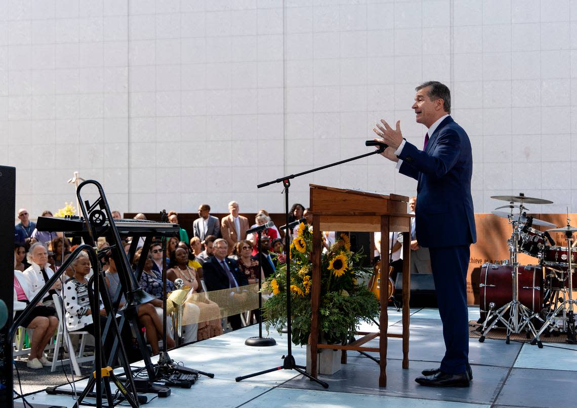 Gov. Roy Cooper speaks during a ceremony to mark the opening of North Carolina Freedom Park on Wednesday, Aug. 23, 2023, in Raleigh, N.C. The park honors the African American struggle for freedom.