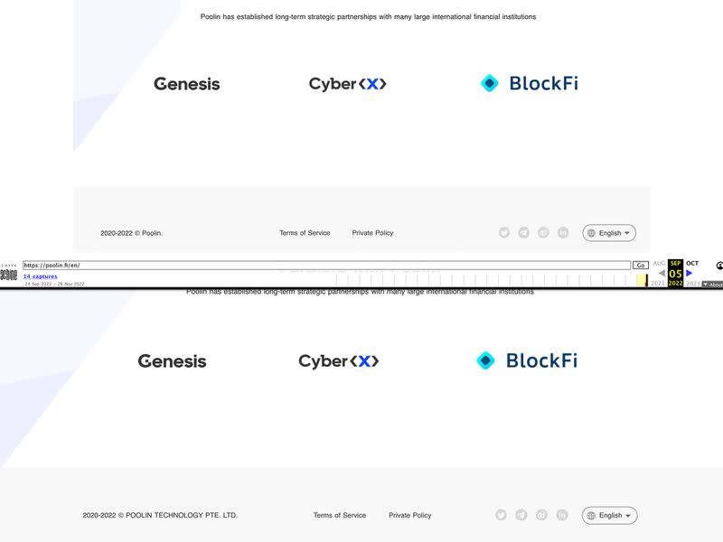 Screenshots from the Poolin Wallet website. On Sept. 5, pictured at the bottom, the name of the Singaporean entity Poolin Technology PTE Ltd. is visible, whereas on Dec. 12, it has disappeared, pictured at the top. (CoinDesk/Eliza Gkritsi)