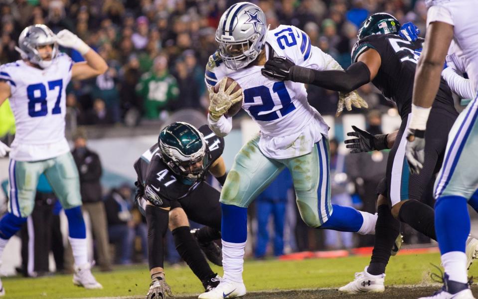 Ezekiel Elliott runs in a touchdown in the Cowboys' win over the Eagles in Philadelphia - USA TODAY Sports