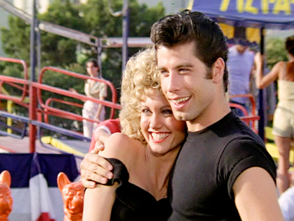 Olivia Newton-John as Sandy and John Travolta as Danny Zuko in a scene from the movie 