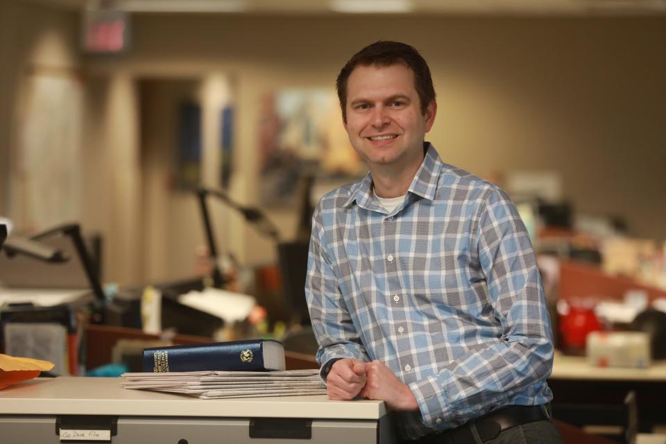 Columbus Dispatch sports reporter Adam Jardy photographed April 29, 2021 in the Columbus Dispatch newsroom.