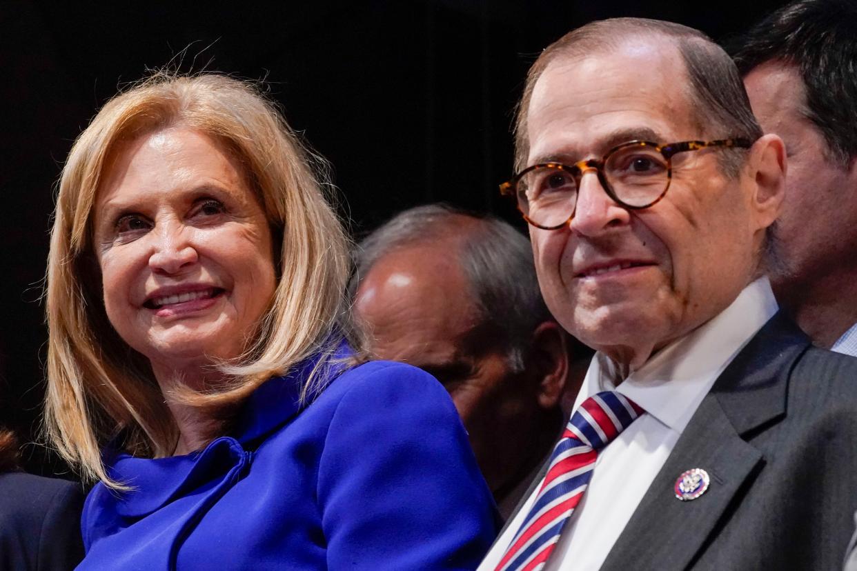 Rep. Carolyn Maloney, D-N.Y., left, and Rep. Jerry Nadler, D-N.Y., attend a ceremony where New York Gov. Kathy Hochul signed a legislative package to protect abortion rights in New York, Monday, June 13, 2022. 