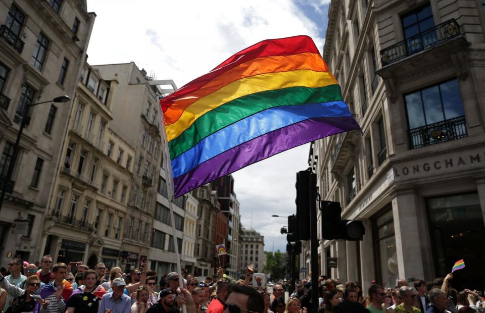 A rainbow flag is held aloft in London's Pride parade last month: PA