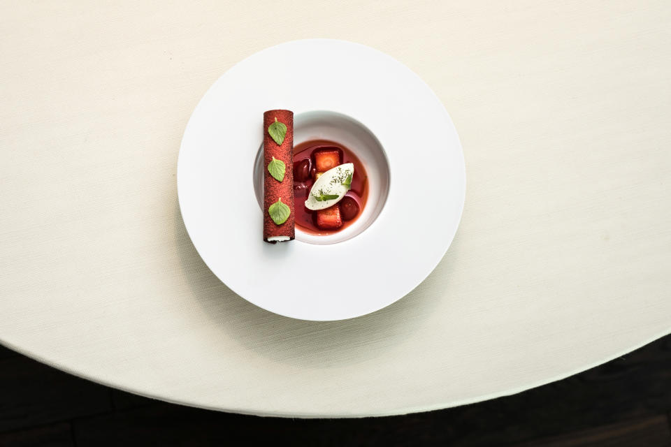 A strawberry-based desert with mascarpone cheese included in the Signature menu.