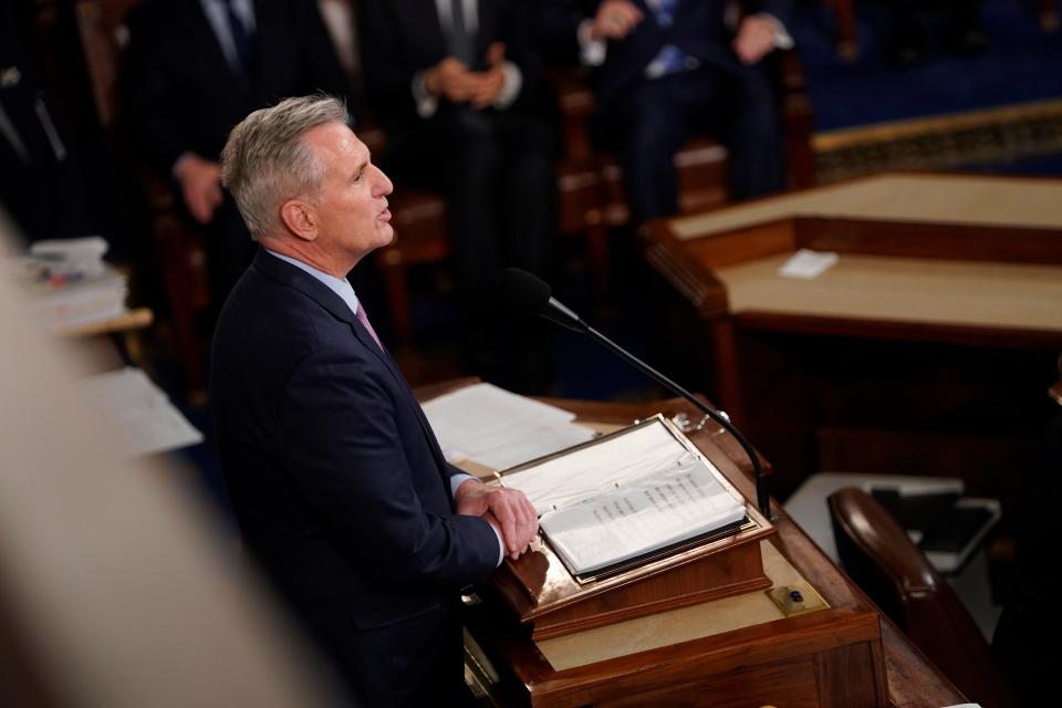 Rep. Kevin McCarthy (R-Calif.) addresses the House of Representatives after being elected speaker of the House early on Saturday, Jan. 7, 2022.