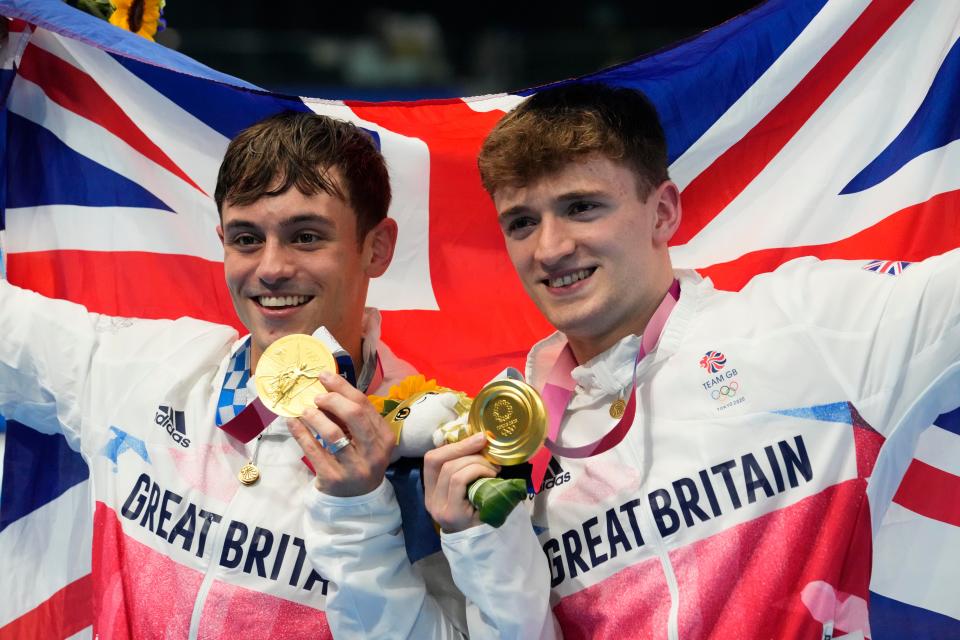 Thomas Daley and Matty Lee (GBR) at the medal ceremony for the men's 10m platform synchronized diving competition on Monday, July 26, 2021, during the Tokyo 2020 Olympic Summer Games at Tokyo Aquatics Centre in Tokyo, Japan.