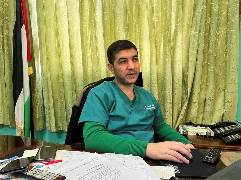 Suhaib Al-Hams, the chairman of the board of directors of the Kuwaiti hospital, speaks to Reuters, in Rafah, southern Gaza Strip
