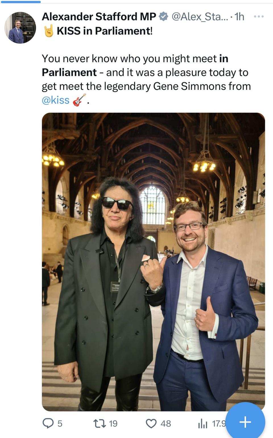 Screengrab from the Twitter feed of Alexander Stafford MP of himself with Kiss star Gene Simmons (left) during his visit to the Houses of Parliament in London - Alexander Stafford/PA