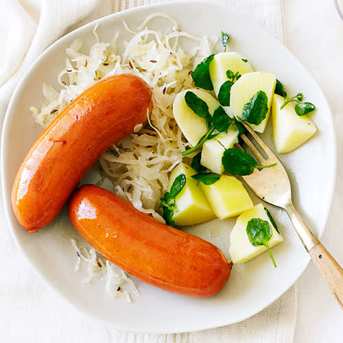 Wine-Glazed Sausages with Watercress Potatoes and Sauerkraut