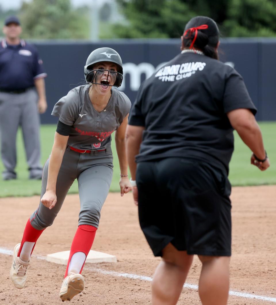 Spanish Fork’s Paige Pierce celebrates her home run hit as she runs the bases during the 5A softball championship game against Bountiful at the Miller Park Complex in Provo on Friday, May 26, 2023. Spanish Fork won 8-4. | Kristin Murphy, Deseret News