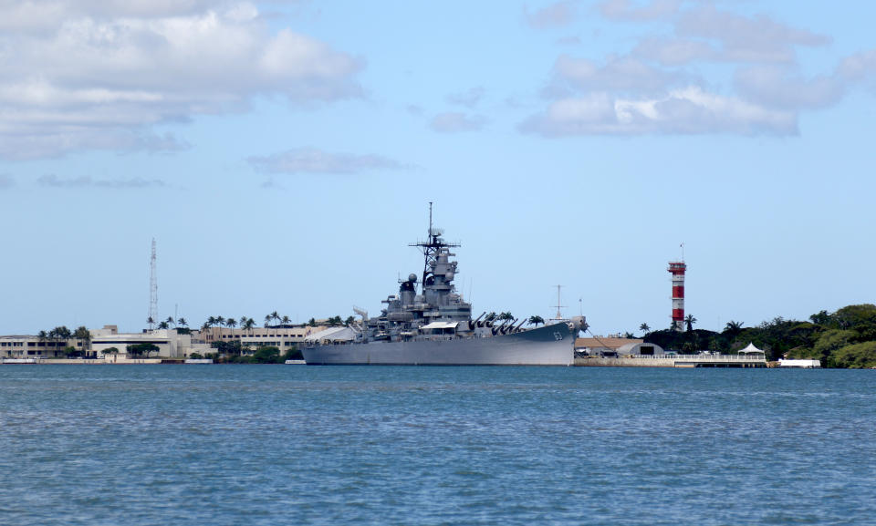 The USS Missouri Memorial is shown in Pearl Harbor, Hawaii, on Aug. 11, 2020. Several dozen aging U.S. veterans, including some who were in Tokyo Bay as swarms of warplanes buzzed overhead and nations converged to end World War II, will gather on the battleship in Pearl Harbor in September to mark the 75th anniversary of Japan's surrender. (AP Photo/Caleb Jones)