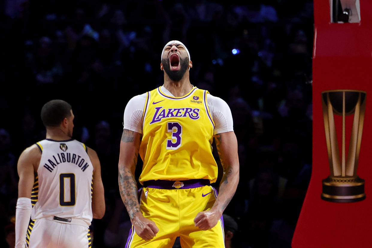 Los Angeles Lakers forward Anthony Davis celebrates a basket against the Indiana Pacers during the fourth quarter in the championship game of the NBA in-season tournament at T-Mobile Arena in Las Vegas on Saturday. (Photo by Ethan Miller/Getty Images)