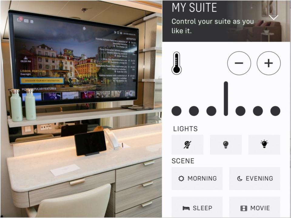 composite of cabin TV and screenshot of "my suite" room controls
