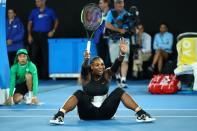 <p>Serena celebrates after playing the winning point </p>