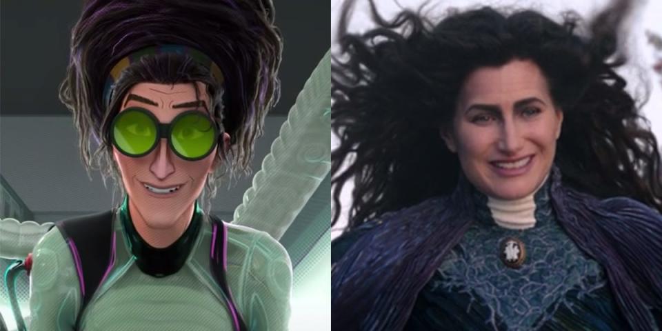 On the left: Doc Ock in "Spider-Man: Into the Spider-Verse." On the right: Kathryn Hahn as Agatha Harkness in "WandaVision."