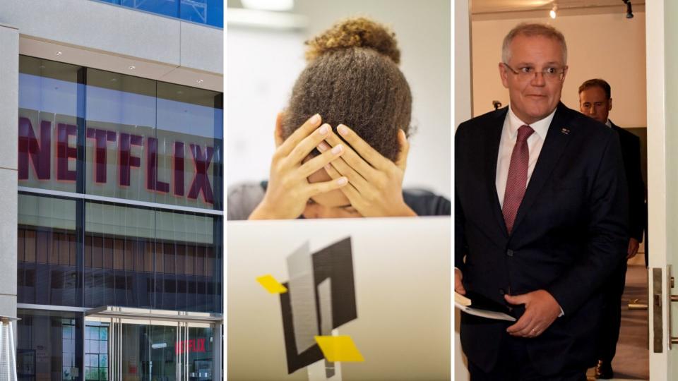 Netflix headquarters on the left, a woman in despair in the centre and Scott Morrison on the right.