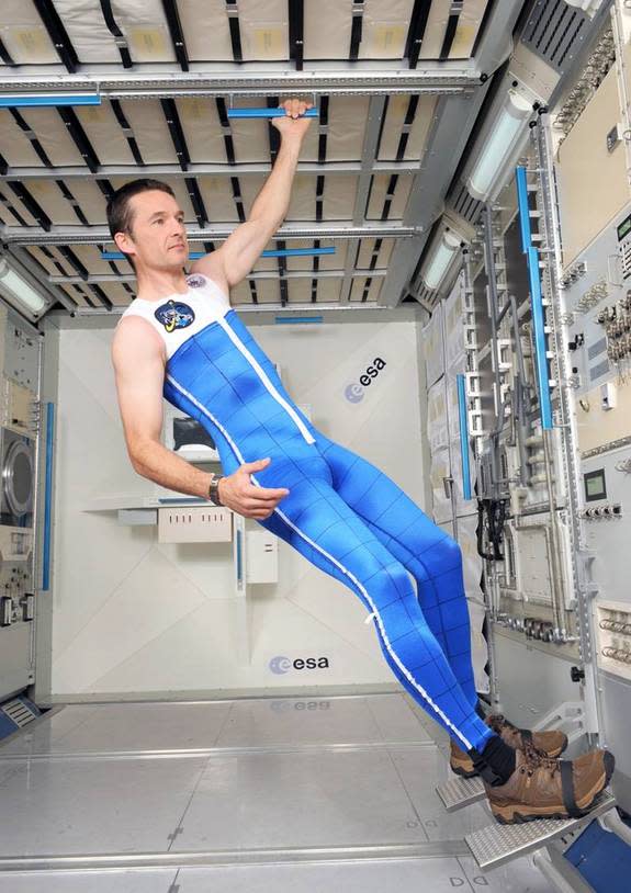 This high-tech "skinsuit" for astronauts is a tailor-made overall with a bi-directional weave specially designed to counteract the lack of gravity to help avoid backaches. It squeezes the body from the shoulders to the feet with a similar force