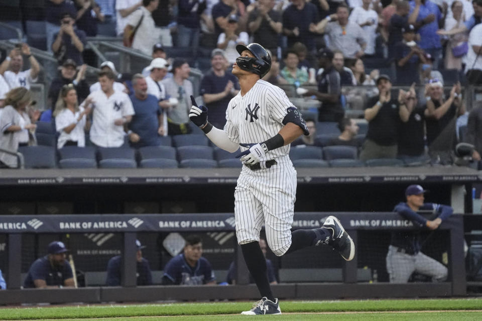 New York Yankees' Aaron Judge heads for home after hitting a home run in the first inning of the team's baseball game against the Tampa Bay Rays, Wednesday June 15, 2022, in New York. (AP Photo/Bebeto Matthews)