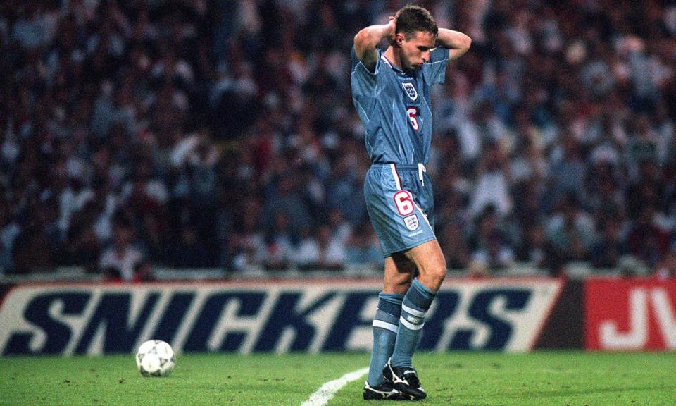 Gareth Southgate suffers after his penalty miss against Germany at Euro 96.
