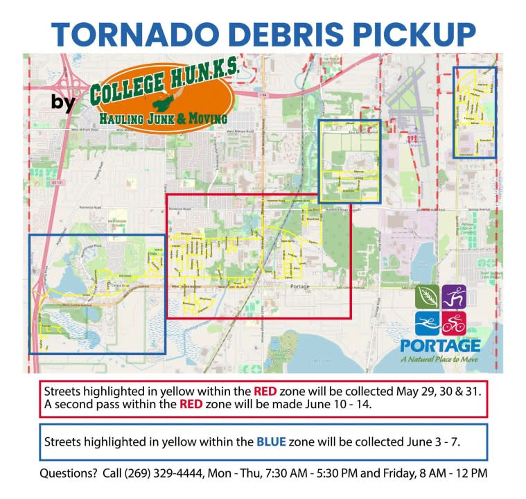 A schedule and map of tornado debris cleanup released by the city of Portage on May 24, 2024.