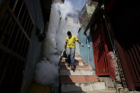 A municipal worker fumigates the Petare slum to help control the spread of the mosquito-borne Zika virus in Caracas, February 3, 2016. REUTERS/Marco Bello