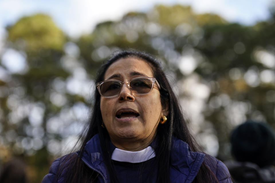 Belkis Terán, the mother of Manuel Paez Terán, who was killed by state troopers, speaks before a demonstration in opposition to a new police training center, Monday, Nov. 13, 2023, in Atlanta. (AP Photo/Mike Stewart)
