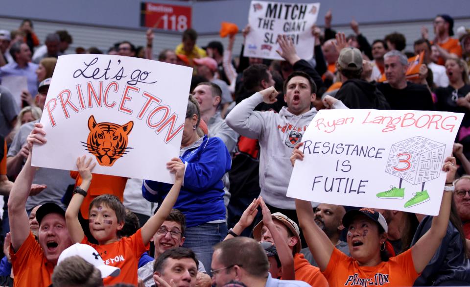 Mar 24, 2023; Louisville, KY, USA; Fans of the Princeton Tigers during the first half of the NCAA tournament round of sixteen against the Creighton Bluejays at KFC YUM! Center. Mandatory Credit: Jordan Prather-USA TODAY Sports