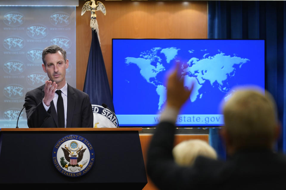 State Department spokesman Ned Price speaks during a briefing at the State Department in Washington, Tuesday, Feb. 1, 2022. (AP Photo/Susan Walsh, Pool)