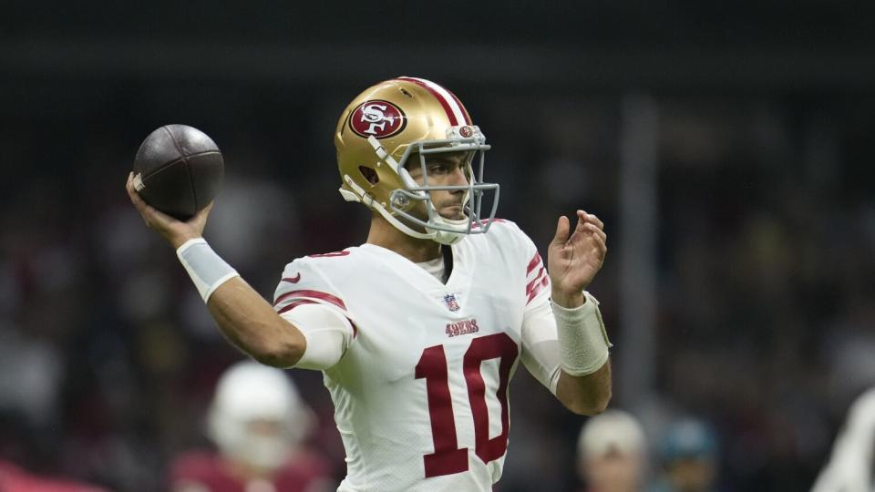 San Francisco 49ers quarterback Jimmy Garoppolo throws a pass in the first half against the Arizona Cardinals.