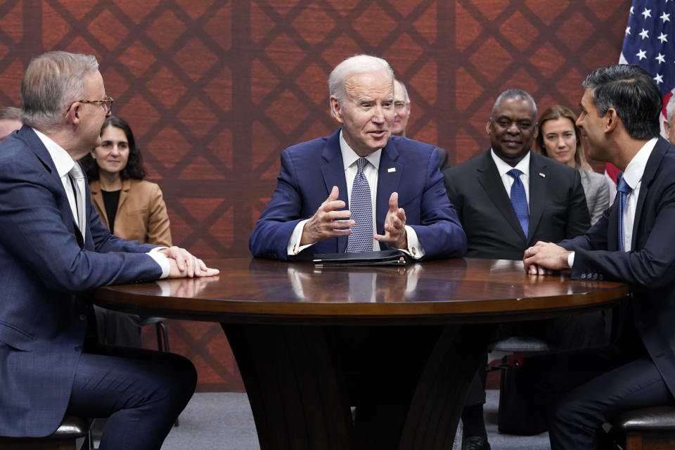 President Joe Biden participates in a meeting with British Prime Minister Rishi Sunak and Australian Prime Minister Anthony Albanese at Naval Base Point Loma, Monday, March 13, 2023, in San Diego. (AP Photo/Evan Vucci)