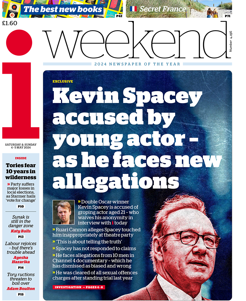 The headline on the front page of the i weekend paper reads: "Kevin Spacey accused by young actor - as he faces new allegations"