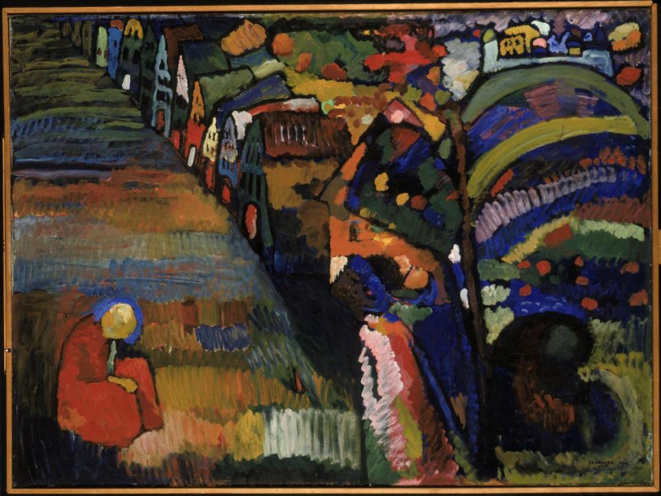 This photo provided by Stedelijk Museum in Amsterdam on Tuesday, Oct. 29, 2013, shows the 1909 painting Image with Houses by Wassily Kandinsky. Dutch museums have identified 139 pieces of art, including dozens of paintings, one by Matisse and many by Dutch painters of varying renown such as Impressionist Isaac Israels, as likely having been taken forcibly from Jewish owners. (AP Photo/Stedelijk Museum)