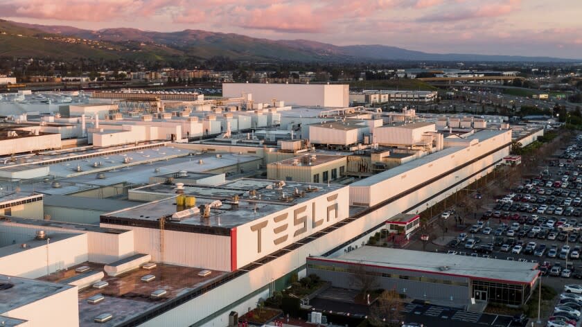 Automaker Tesla's Fremont, Calif., factory is pictured in a drone photo on Thursday, March 11, 2021.