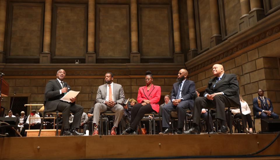 Simeon Banister moderates a panel discussion about the state of Black Rochester. He asks Shaun Nelms, Stanley Martin Irshad Altheimer and Rodney Young to discuss a couple of themes.