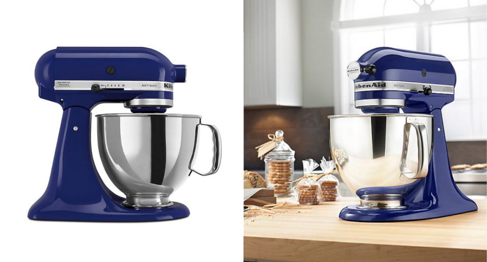kitchenaid stand mixer in navy blue on countertop with baking