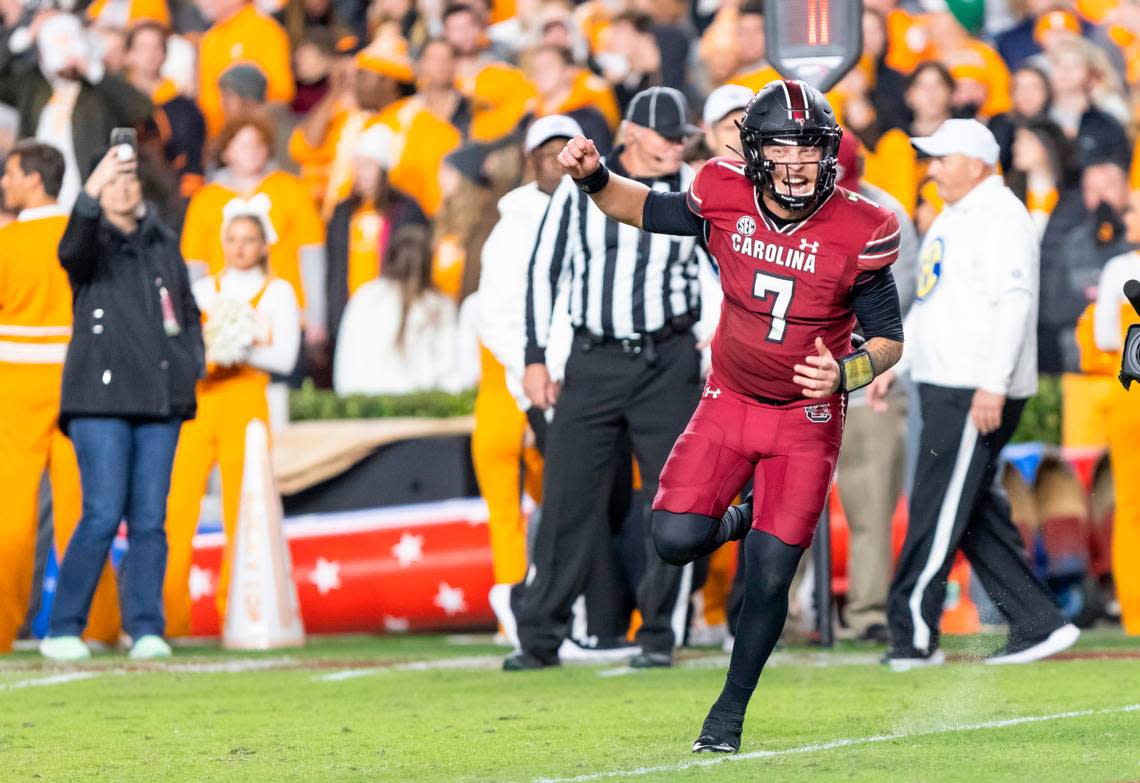 South Carolina Gamecocks quarterback Spencer Rattler (7) reacts after scoring a touchdown at Williams-Brice Stadium in Columbia, SC on Saturday, Nov. 19, 2022.