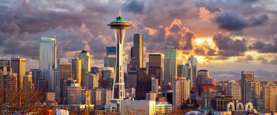 Seattle skyline at sunset, WA, USA