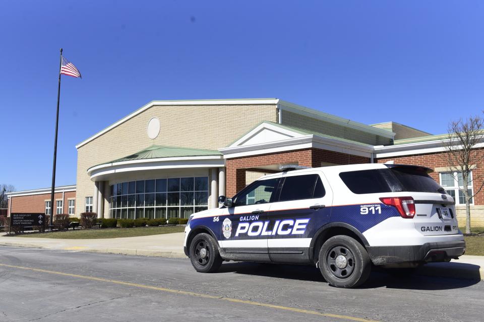 A Galion Police Department cruiser waits outside the city's middle school during a test of the new Centegix school safety system.