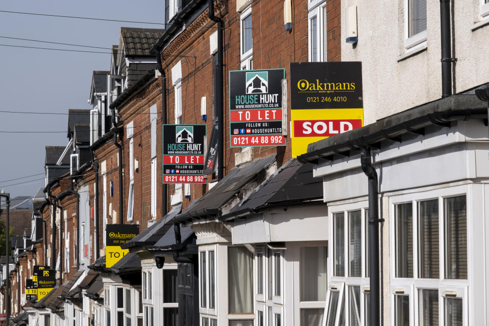 Estate agents sold and to let signs in the Stirchley area on 9th October 2023 in Birmingham, United Kingdom. Housing in Birmingham is a very important contributing factor and measure in the economy as house prices and the property market continues to rise, pricing many people of lower incomes out of owning their own homes. (photo by Mike Kemp/In Pictures via Getty Images)