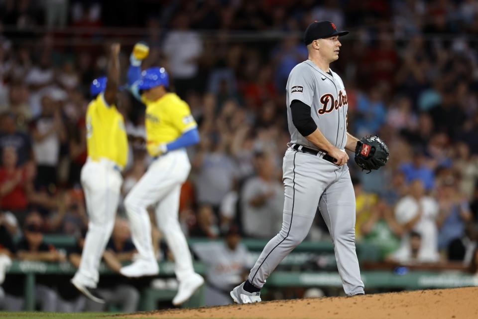 Detroit Tigers starting pitcher Tarik Skubal walks on the mound after giving up a three-run home run to Boston Red Sox's Triston Casas, second from left, during the fourth inning of a baseball game Friday, Aug. 11, 2023, in Boston. (AP Photo/Michael Dwyer)