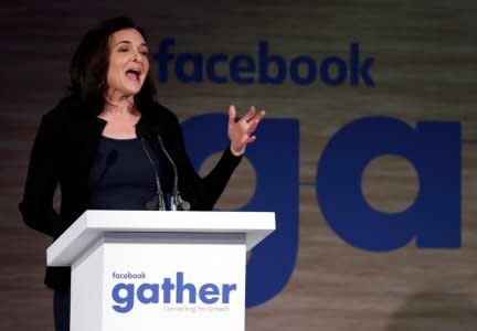 Sheryl Sandberg, Facebook's chief operating officer, addresses the Facebook Gather conference in Brussels, Belgium, January 23, 2018. REUTERS/Yves Herman