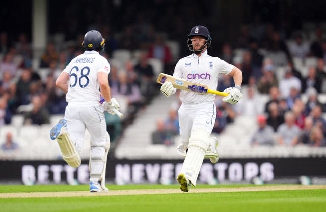 England’s Ben Duckett and Dan Lawrence run between the wickets