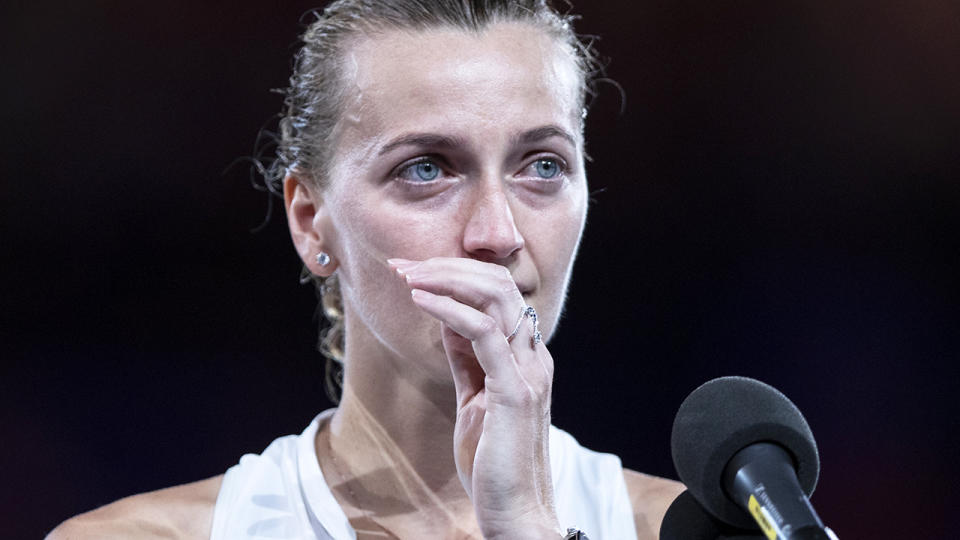 Petra Kvitova broke down in her runner-up speech. (Photo by Fred Lee/Getty Images)