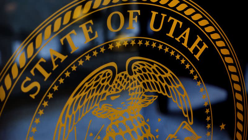 A State of Utah emblem is displayed in the Capitol in Salt Lake City on Friday, Feb. 23, 2024.