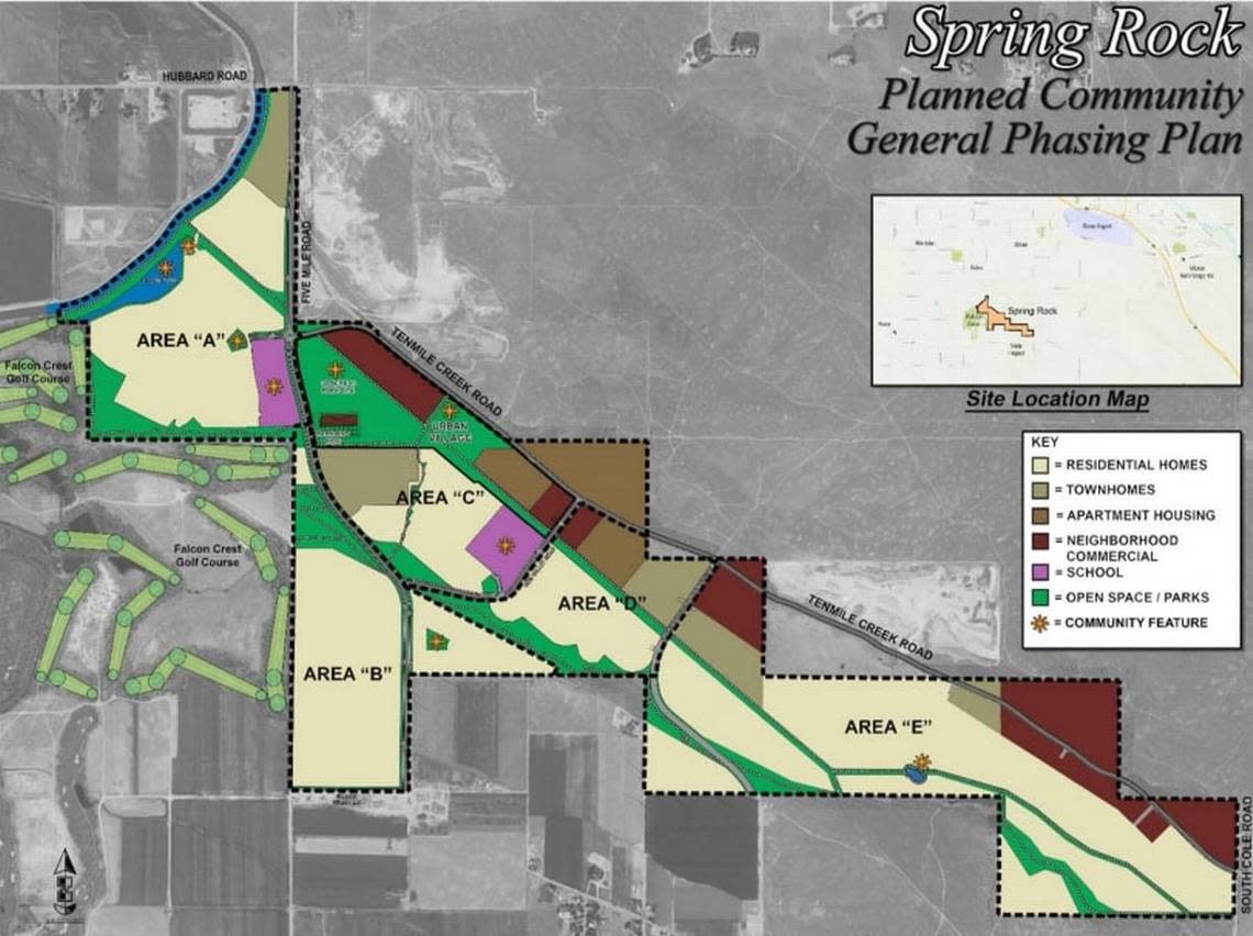 A map of the Spring Rock planned community is shown, with the phases at which each part of the 6,000 home community would be built. Ada County