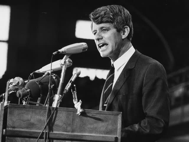<p>Harry Benson/Express/Getty</p> Senator Robert Kennedy speaking at an election rally in 1968.