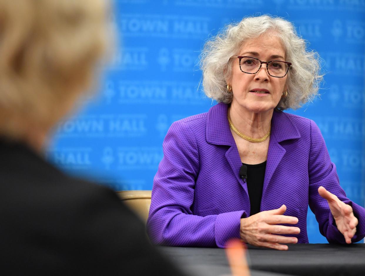 Former U.S. Ambassador to Ukraine Marie Yovanovitch speaks to members of the media before her speech at the Ringling Collage Library Association Town Hall on Monday at the Van Wezel Performing Arts Hall.