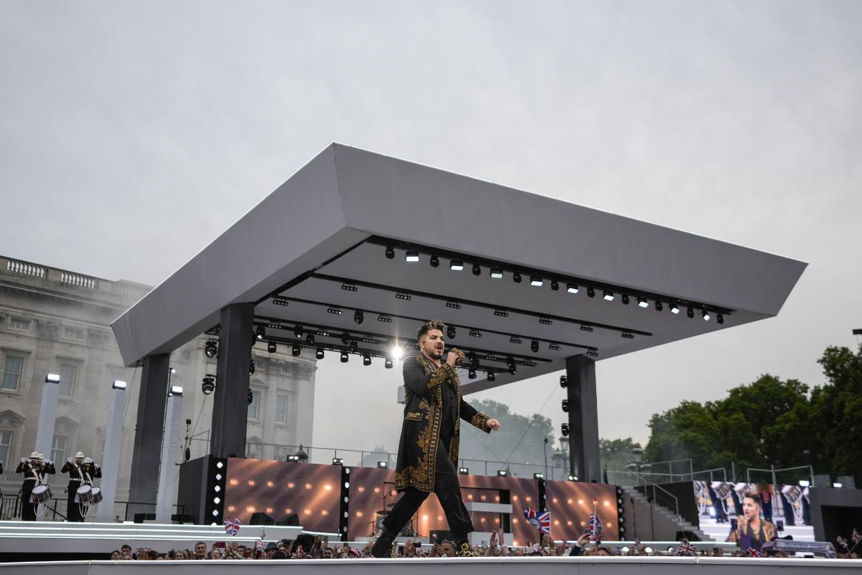 Adam Lambert of the band Queen performs at the Platinum Jubilee concert in front of Buckingham Palace in London on Saturday, June 4, 2022, on the third of four days of celebrations to mark the Platinum Jubilee.